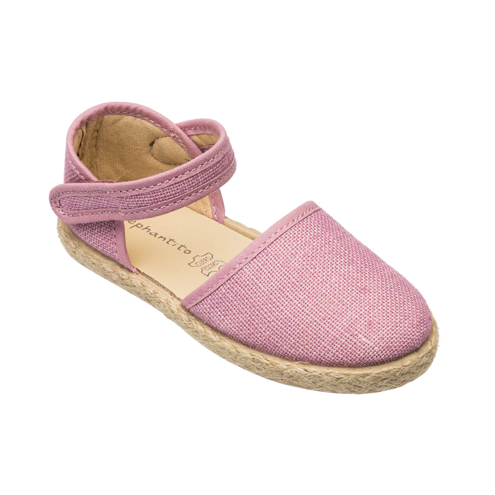 Elephantito - Mauve linen espadrille with ankle strap and jute-wrapped sole for girls.