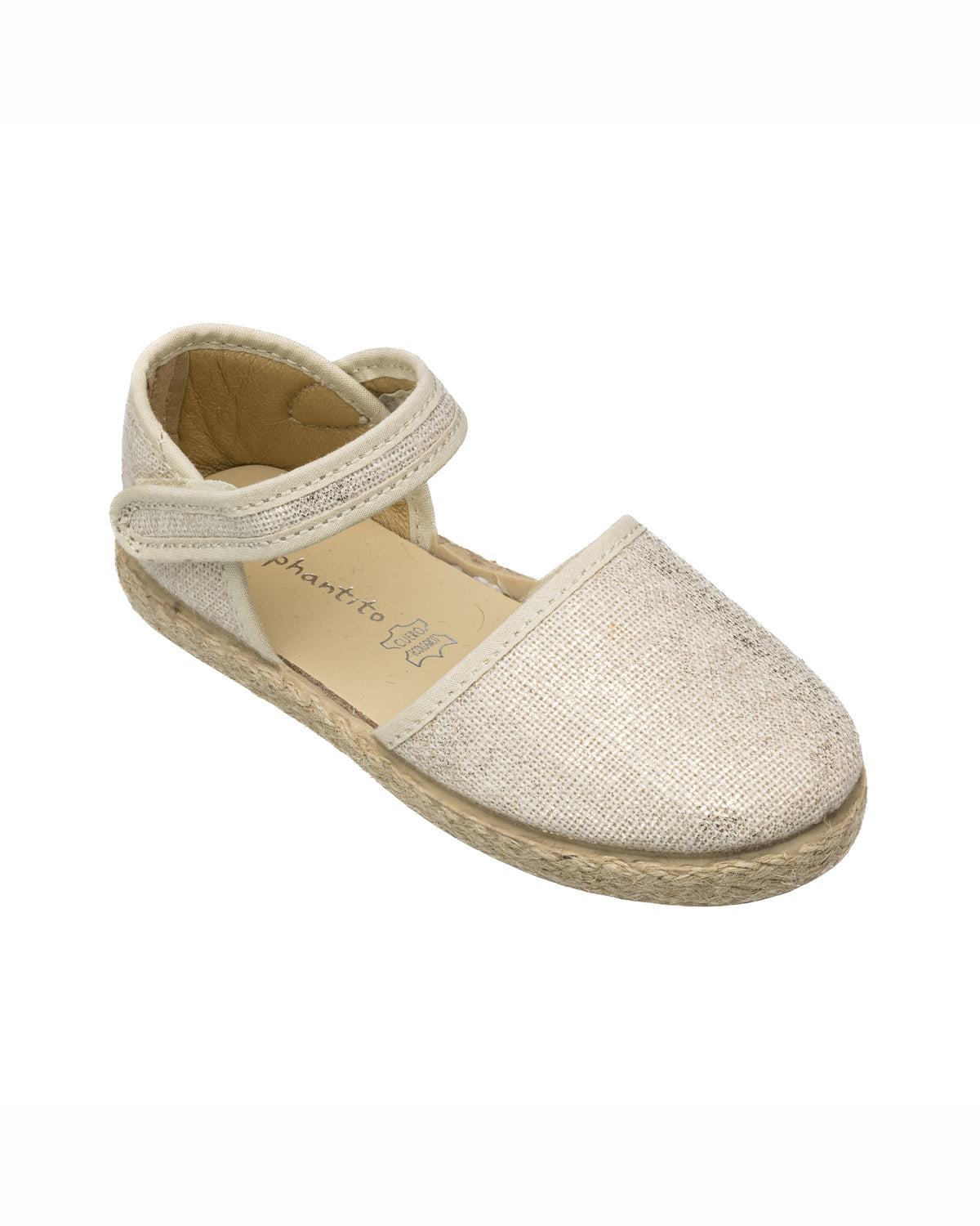 White metallic linen espadrille for toddlers with a hook-and-loop ankle strap and jute sole.