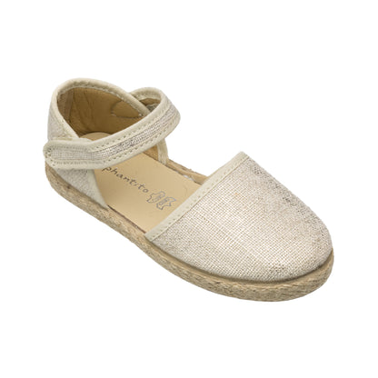 Metallic white linen espadrille sandal with ankle strap and jute sole for toddlers.