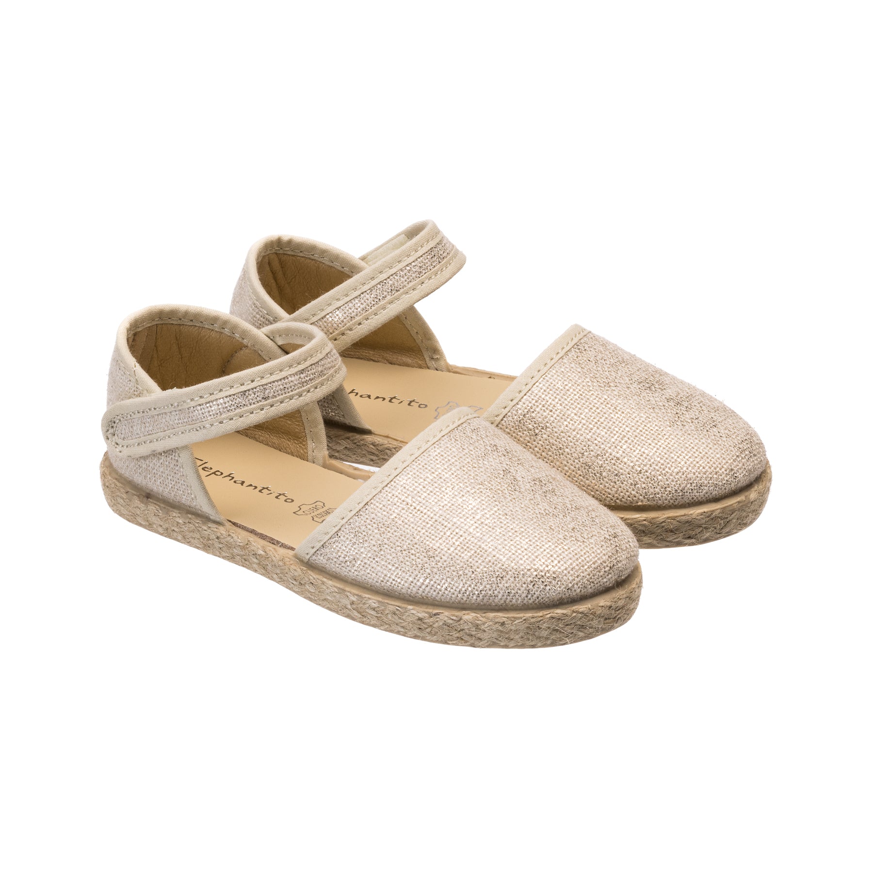 Metallic white linen espadrille sandals for girls with ankle straps and jute soles.