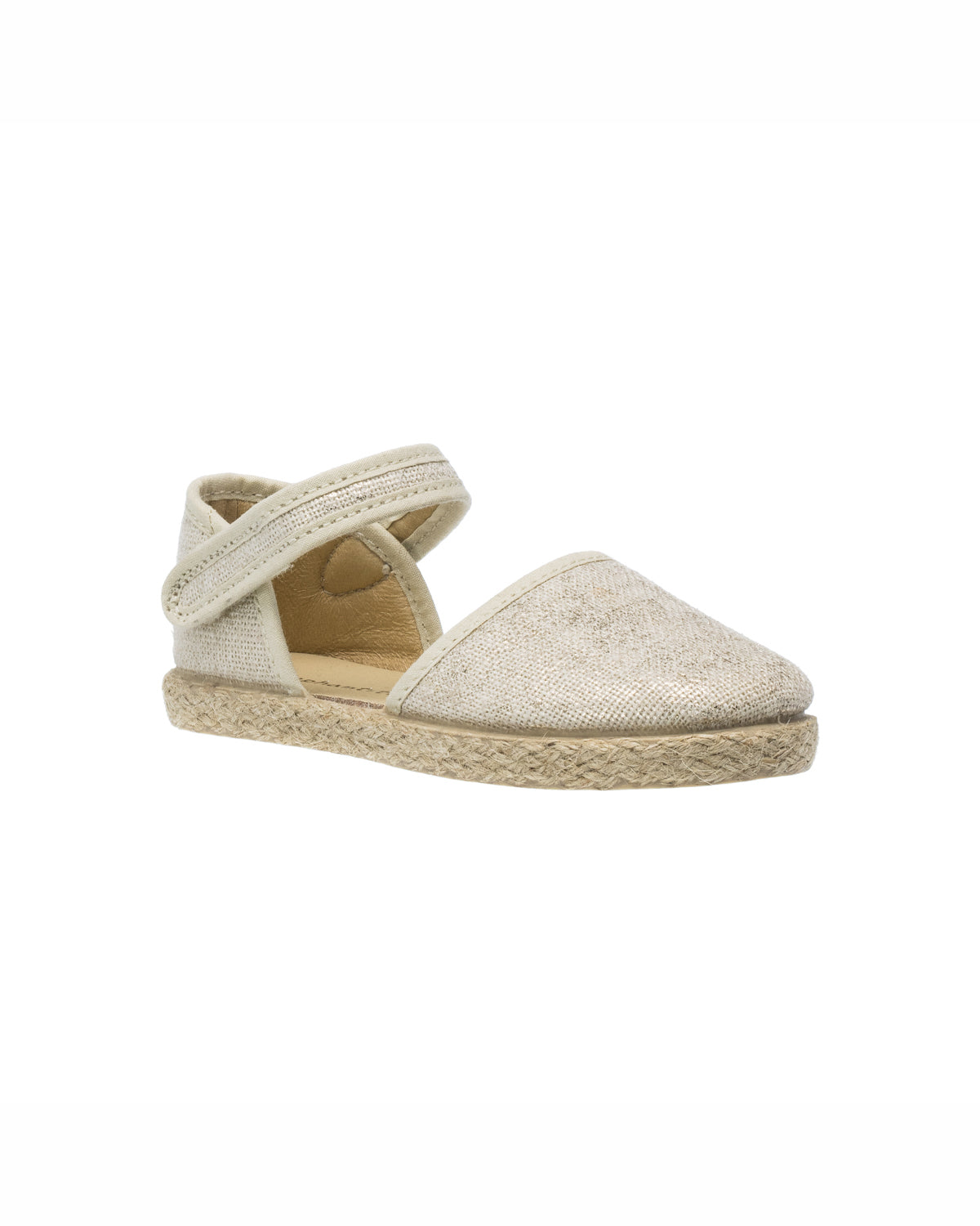 Metallic white linen espadrille with closed toe, woven jute sole, and velcro ankle strap for girls.