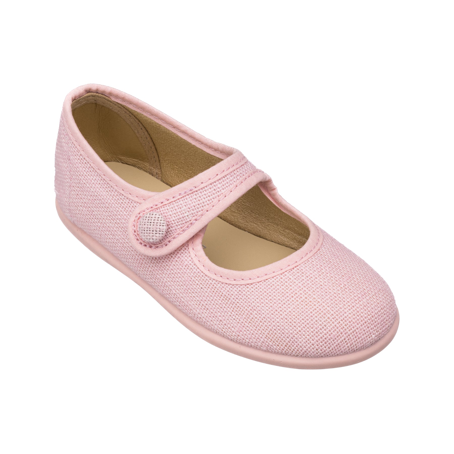 Soft pink linen Mary Jane shoe with a rounded toe and adjustable hook-and-loop strap.