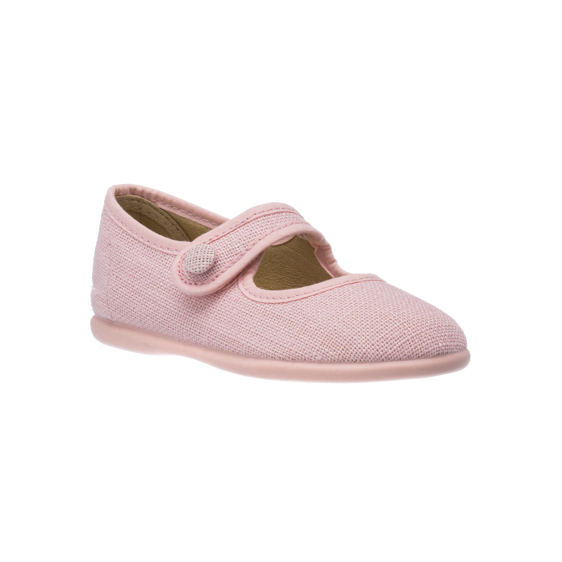 Pink linen Mary Jane toddler shoe with a round toe and velcro strap closure.