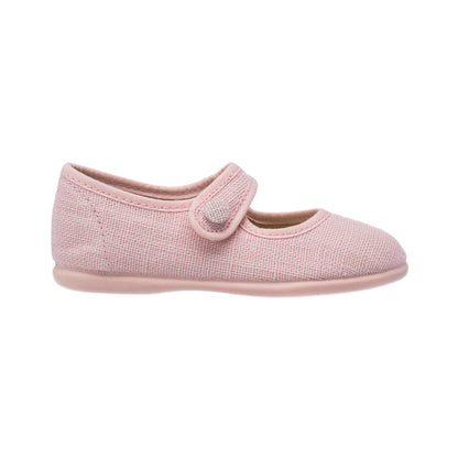 Pink linen Mary Jane toddler shoe with adjustable Velcro strap and rounded toe.