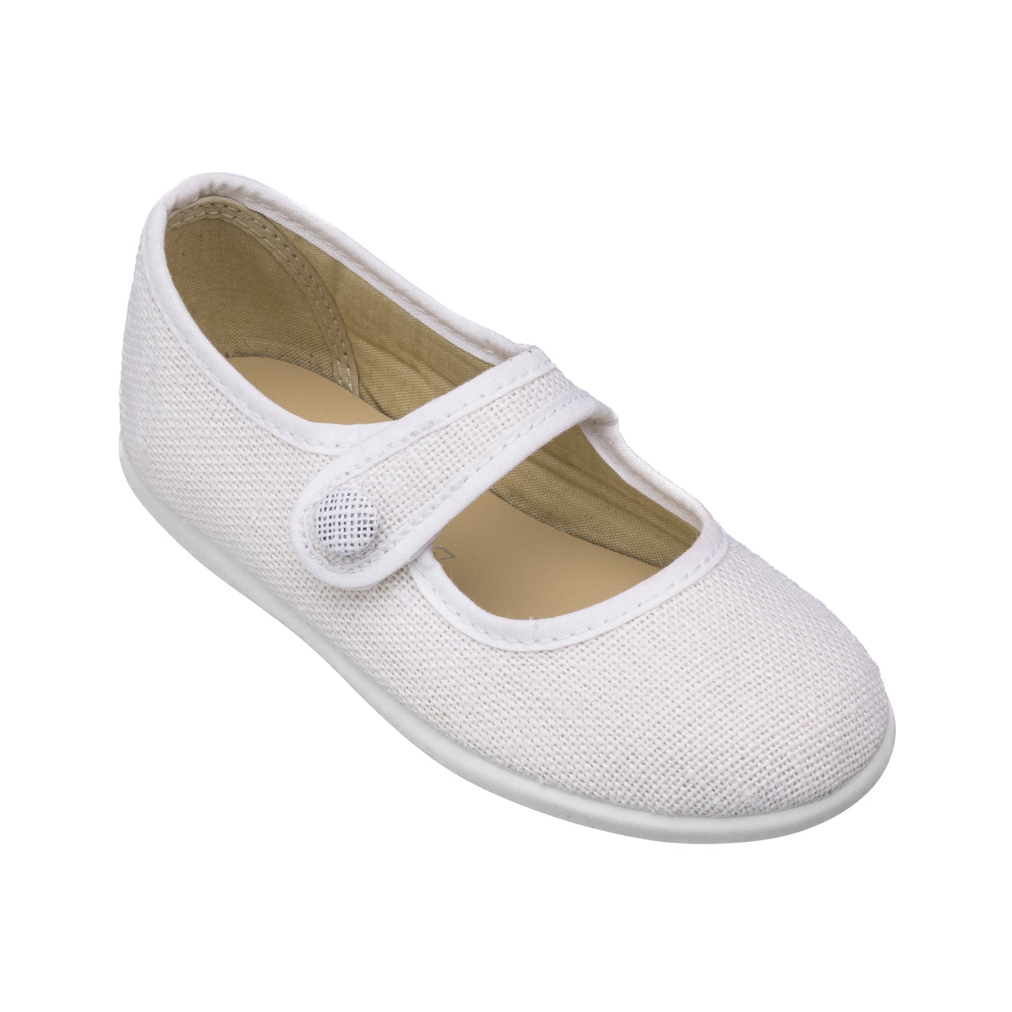 White linen toddler Mary Jane shoe with rounded toe and hook-and-loop strap.
