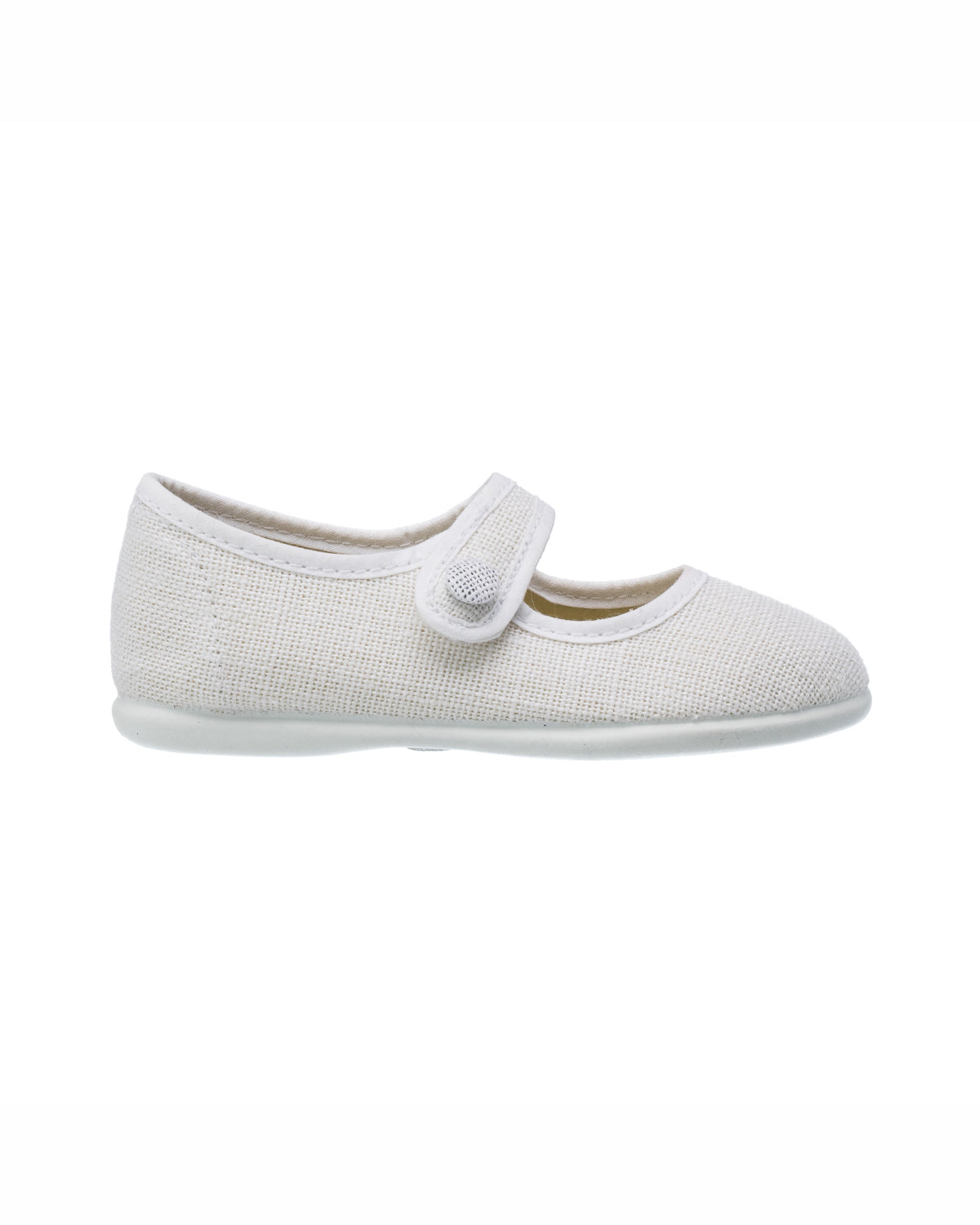 White linen Mary Jane toddler shoe with Velcro strap and soft sole.