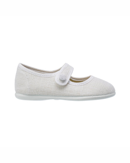 White linen Mary Jane toddler shoe with Velcro strap and soft sole.