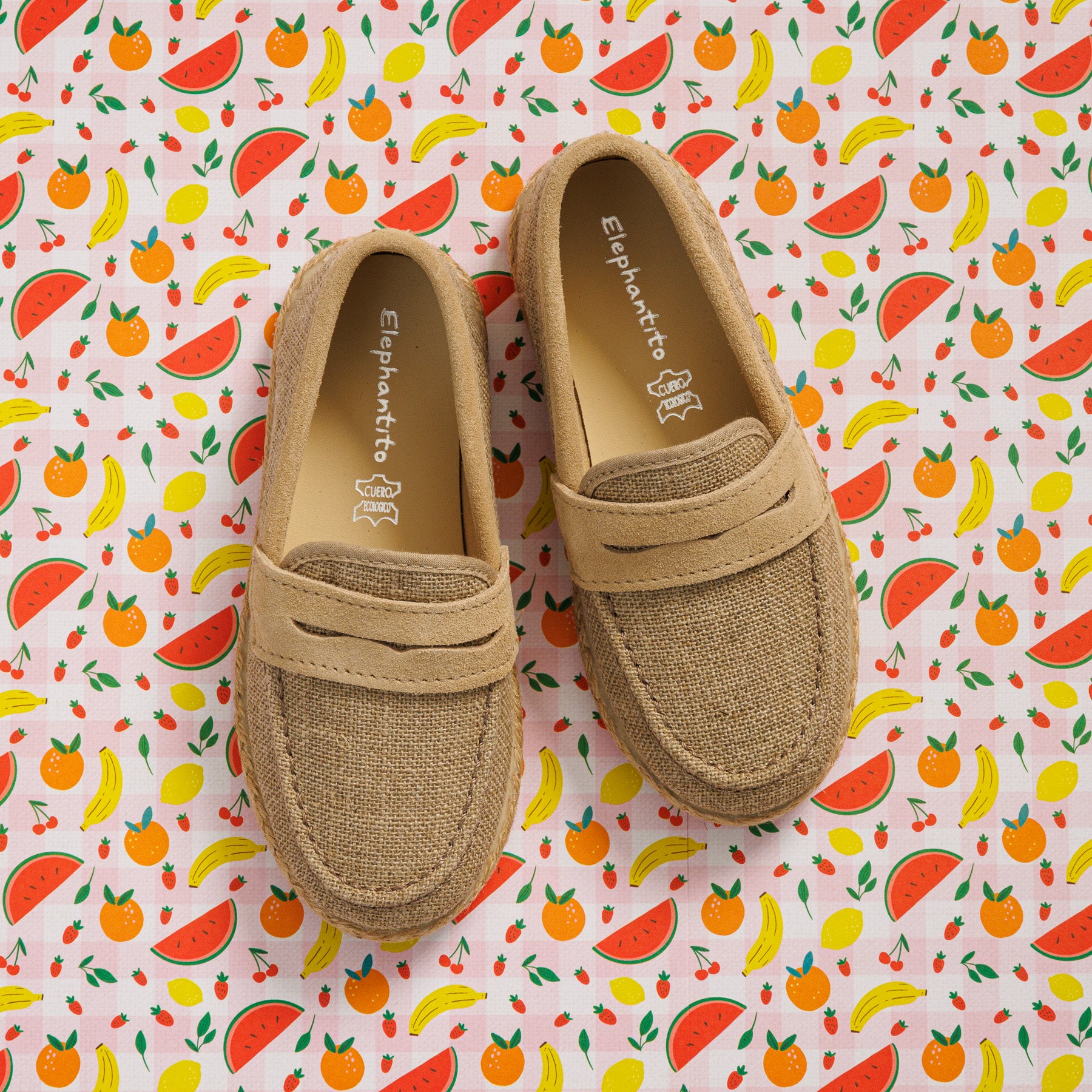 Elephantito - Beige boys' loafer espadrilles with textured fabric upper, moccasin stitching, and slip-on design.