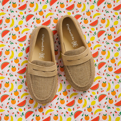 Elephantito - Beige boys' loafer espadrilles with textured fabric upper, moccasin stitching, and slip-on design.