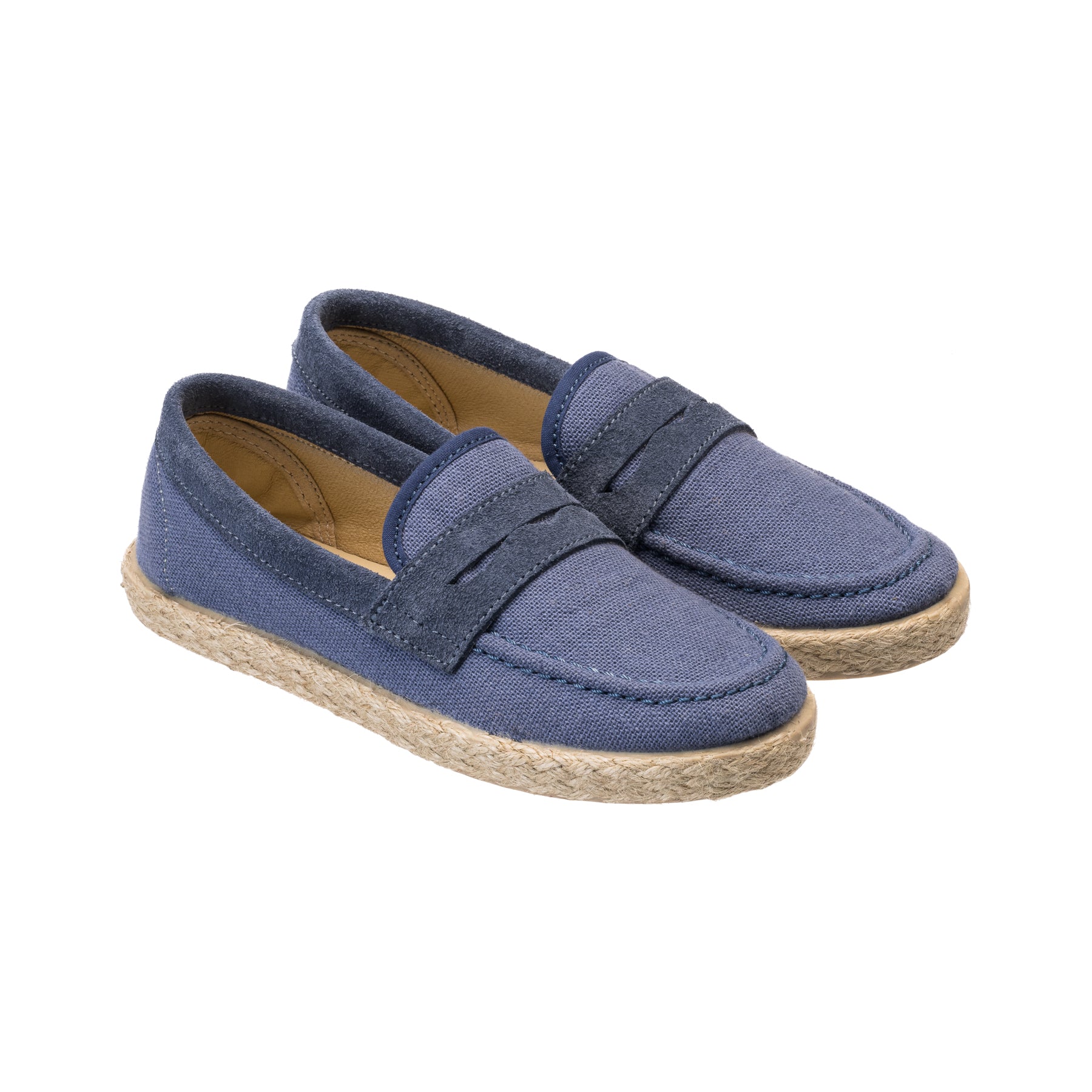 Elephantito - Boys indigo loafer espadrilles with stitched detailing and jute-wrapped sole.
