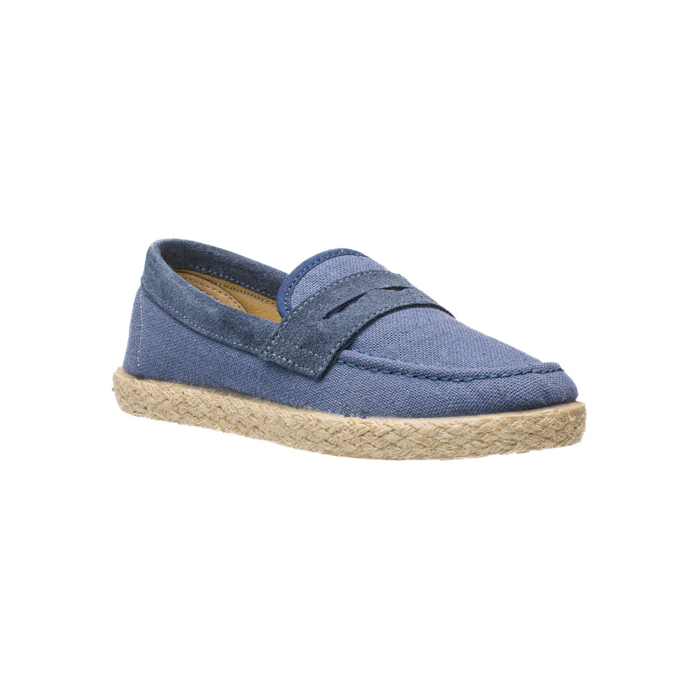 Elephantito - Indigo blue boys’ loafer espadrille with textured fabric upper and woven jute sole.