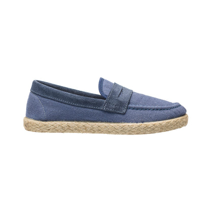 Elephantito - Indigo slip-on loafer espadrille for boys with braided jute sole and canvas upper.