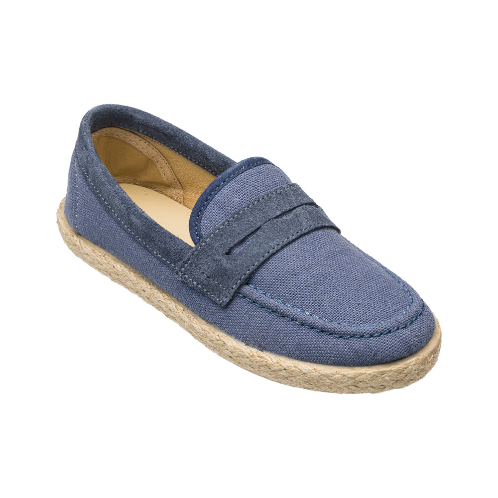 Elephantito - Navy blue boys loafer espadrille with jute-wrapped sole and slip-on design.