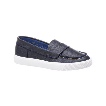 Navy blue leather boys loafer with white rubber sole and moccasin stitching.