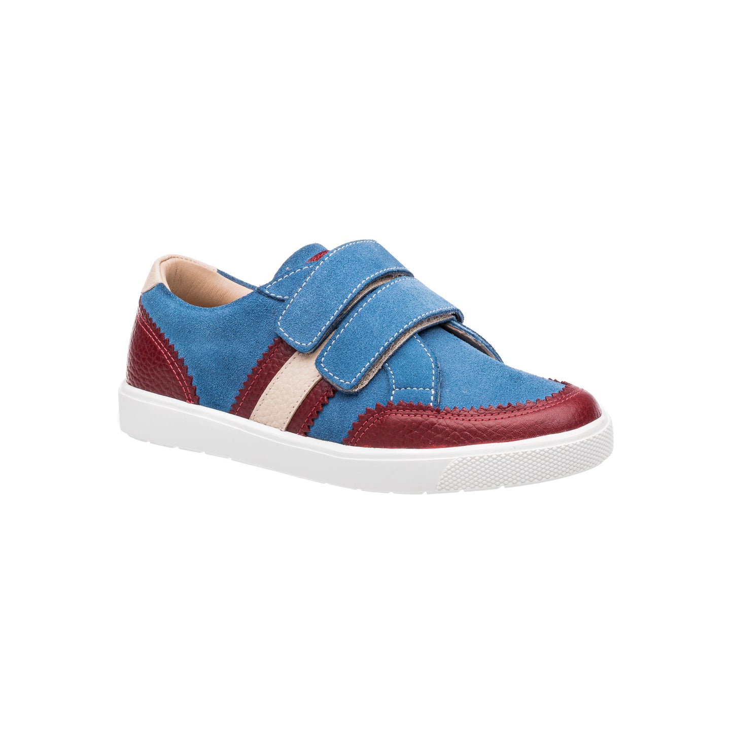 Blue denim boys sneaker with burgundy and white accents, double Velcro straps, and white rubber sole.