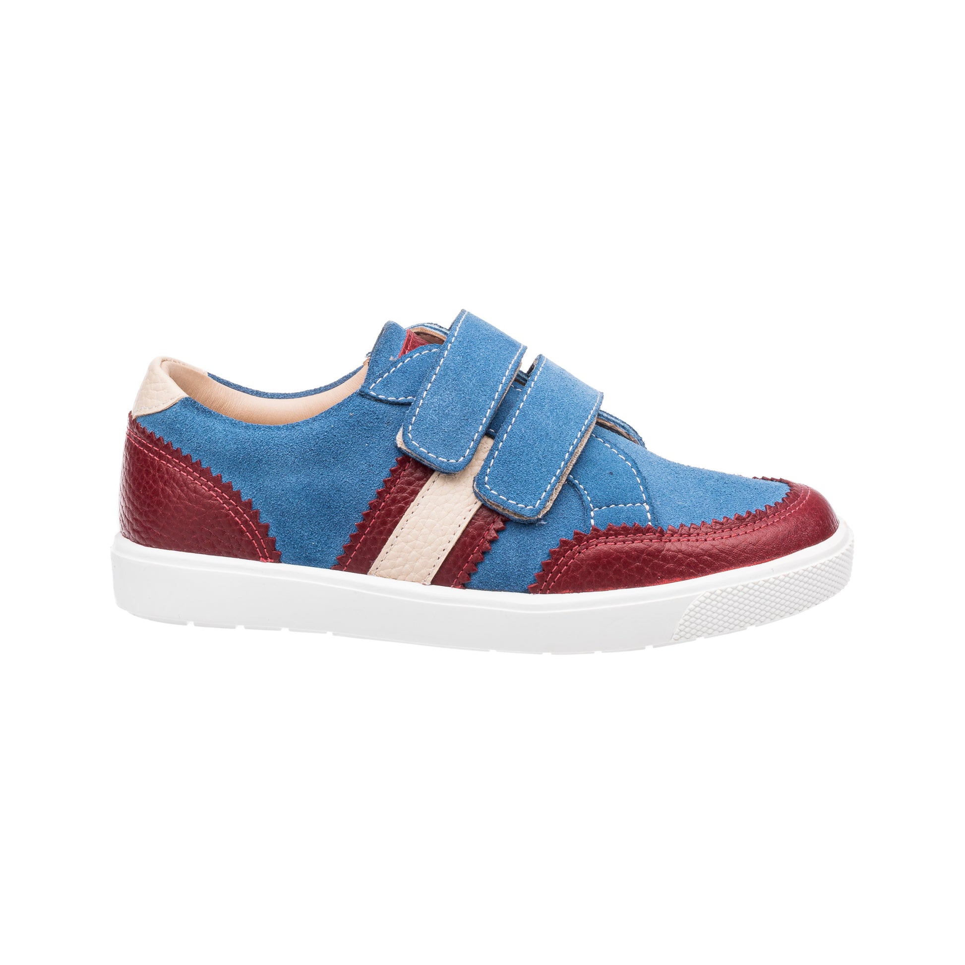 Blue denim boys sneaker with burgundy leather accents, dual velcro straps, white sole.