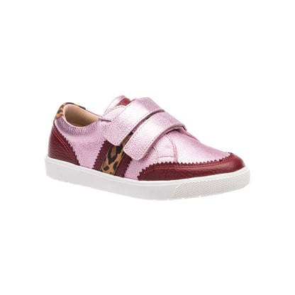 Metallic carnation pink toddler sneaker with burgundy accents, leopard print stripe, and white sole.