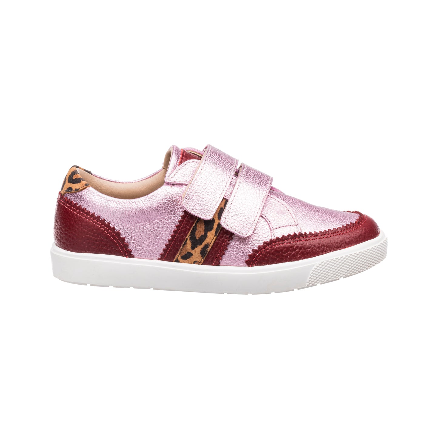 Metallic carnation pink kids sneaker with maroon accents and leopard print detail on white sole.