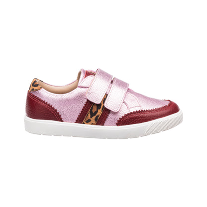 Metallic carnation pink kids sneaker with maroon accents and leopard print detail on white sole.
