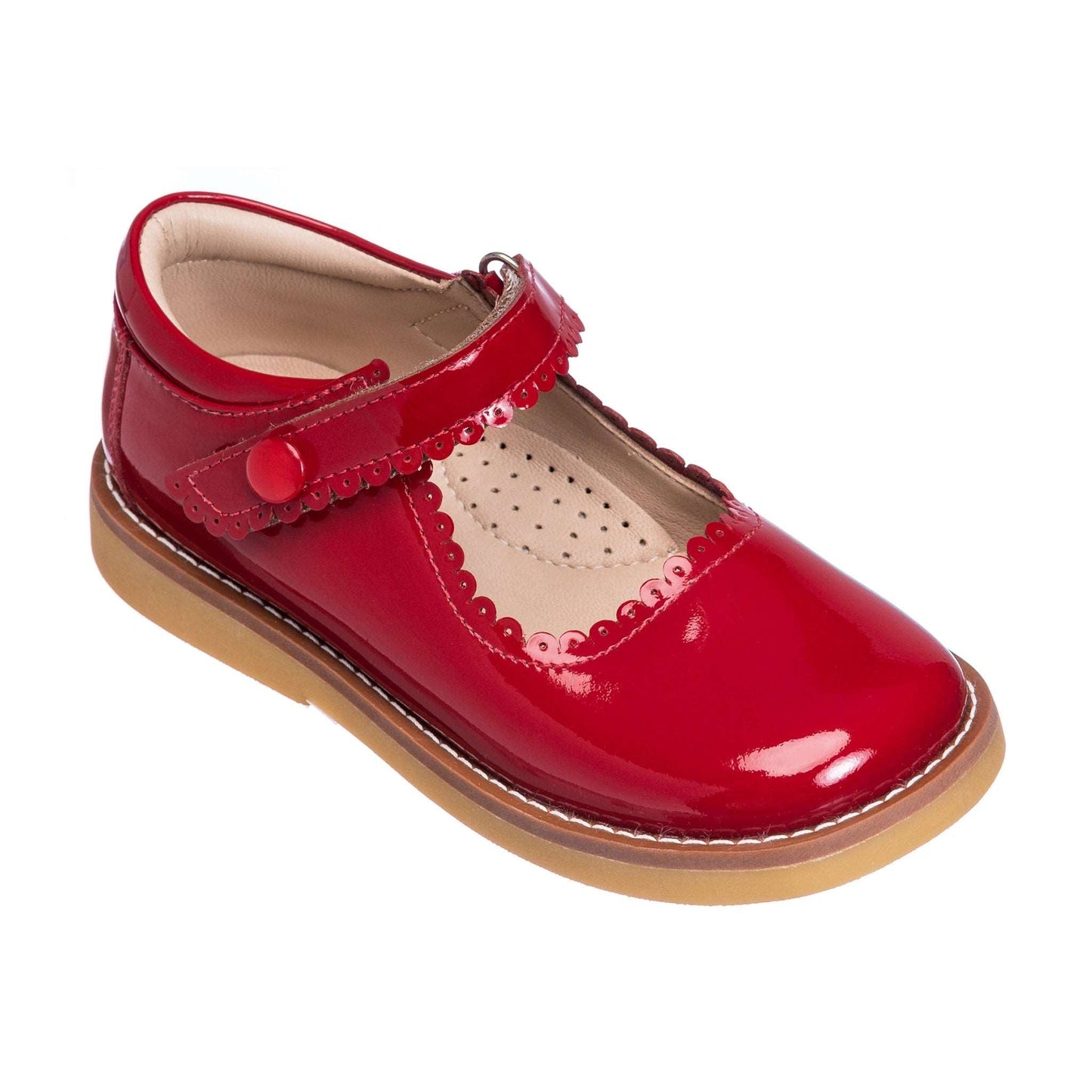 Red patent leather Mary Jane shoe with scalloped edge and velcro strap, tan sole.