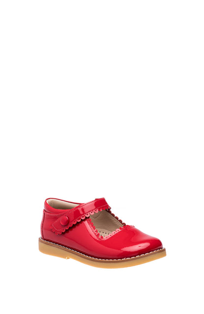 Red patent leather Mary Jane shoe for children with scalloped edge and adjustable strap, tan sole.