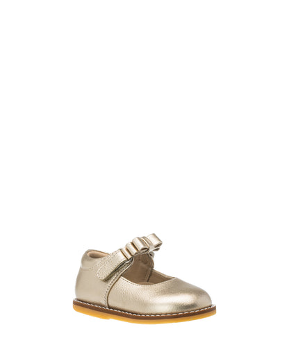 Gold toddler Mary Jane shoe with bow detail and tan sole.