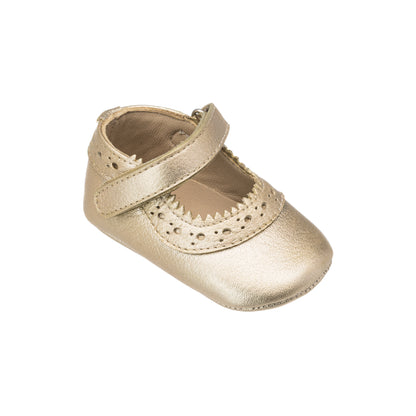 Gold leather baby Mary Jane shoe with scalloped edge and hook-and-loop strap closure.