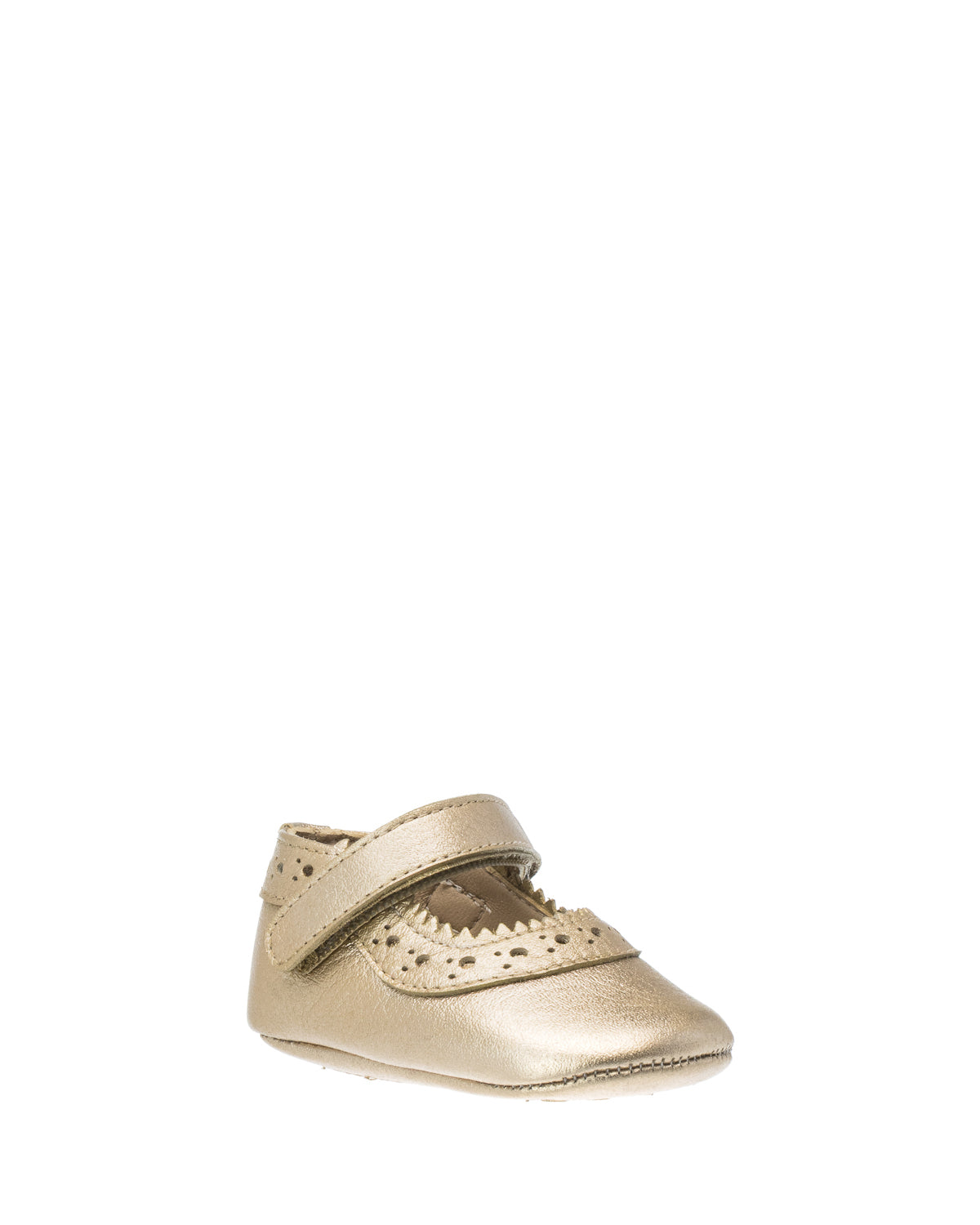 Gold toddler Mary Jane shoe with perforated floral detailing and a Velcro strap closure.