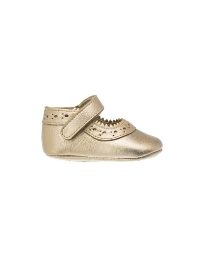 Gold leather baby Mary Jane with scalloped edges and Velcro strap closure.