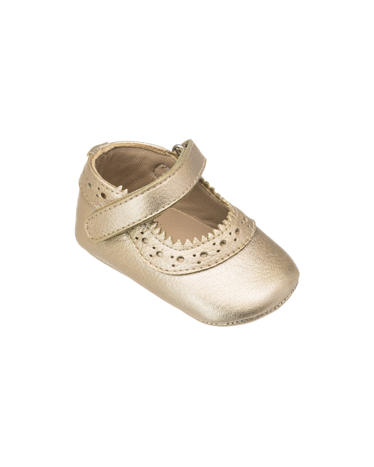 Metallic gold baby Mary Jane shoe with scalloped edges and cutout floral details, Velcro strap closure.