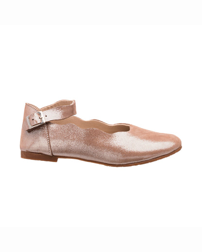 Blush pink girls' ballet flat with ankle strap and buckle, shiny finish.