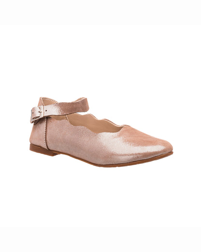 Blush pink children's ballet flat with ankle strap and scalloped edge detail.