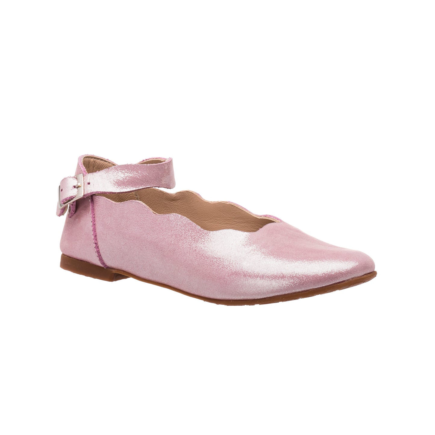 Pink metallic children’s ballet flat with scalloped edges and ankle strap buckle closure.