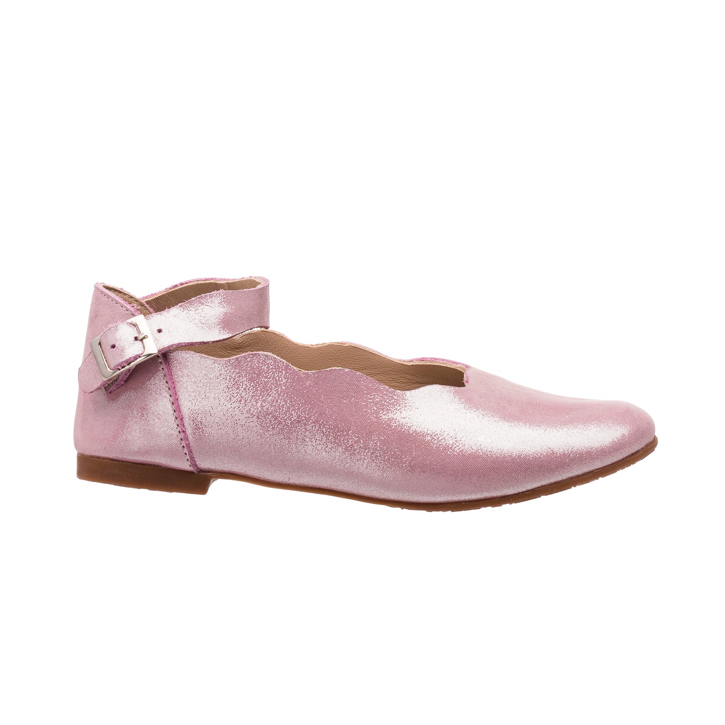 Metallic carnation pink leather children's flat shoe with scalloped edges and ankle strap buckle closure.