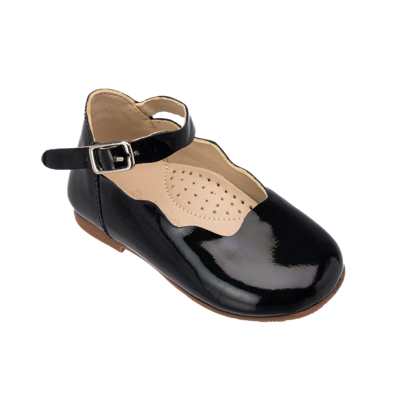 Black patent leather toddler flats with scalloped edges and adjustable ankle strap buckle.