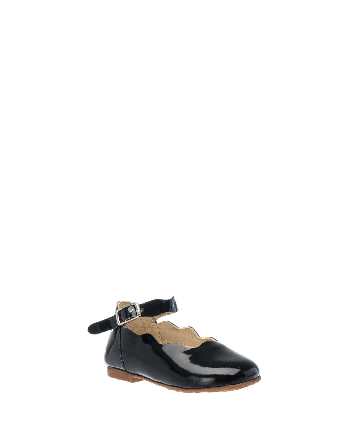 Black patent leather toddler flats with scalloped edges and ankle strap buckle closure.