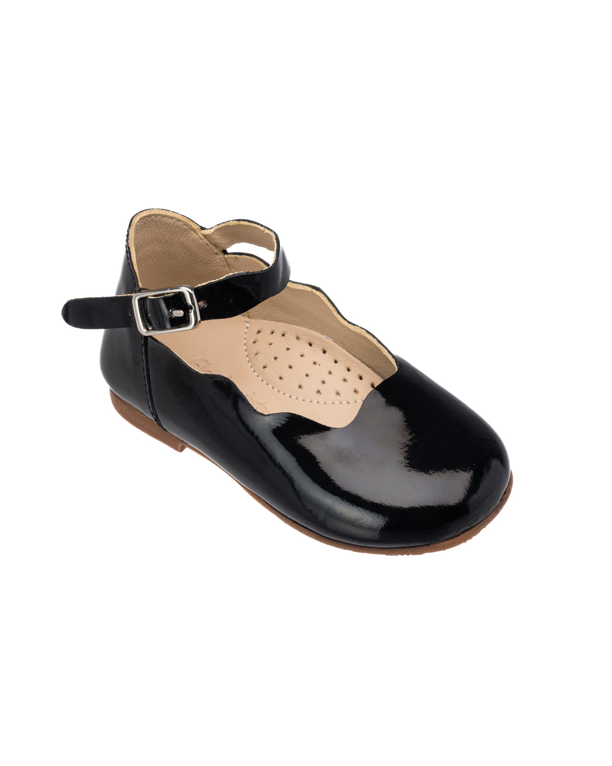 Black patent leather toddler flats with scalloped edges and ankle strap buckle closure.
