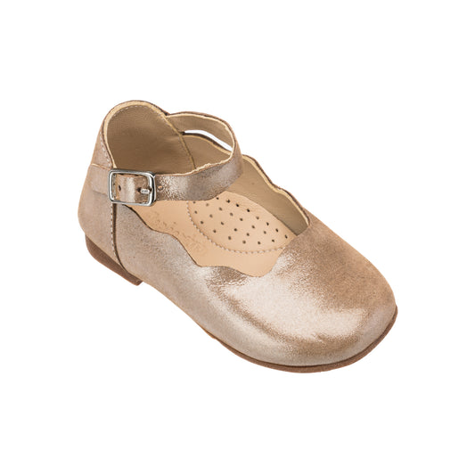 Elephantito - Blush metallic toddler flat with scalloped edges and ankle buckle strap.