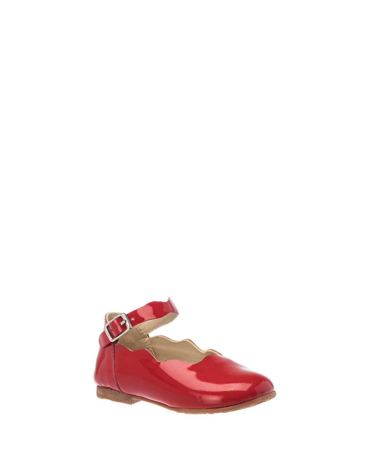 Red patent leather toddler flats with scalloped edges and ankle strap buckle closure.