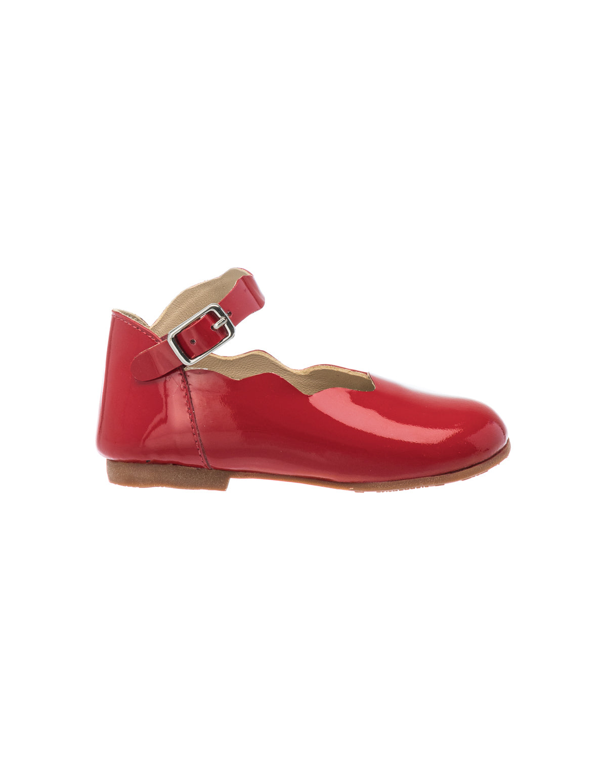 Red patent leather toddler Mary Jane flat with buckle strap and brown sole.