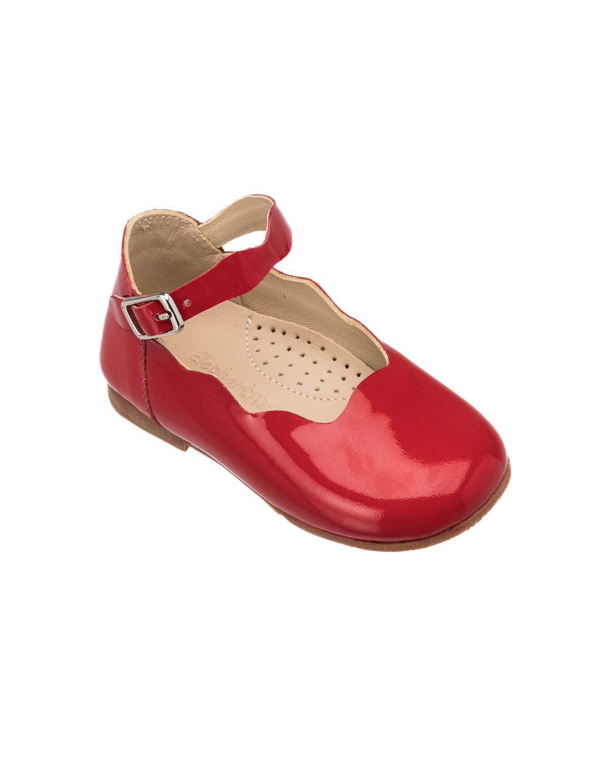 Red patent leather toddler Mary Jane shoe with scalloped edge and buckle strap.