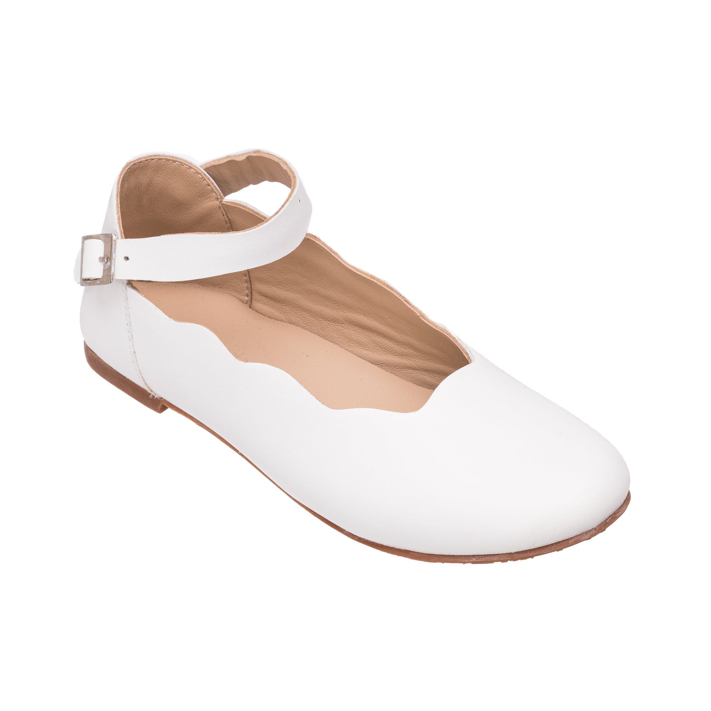White leather girls' flat with scalloped edge and ankle strap buckle.