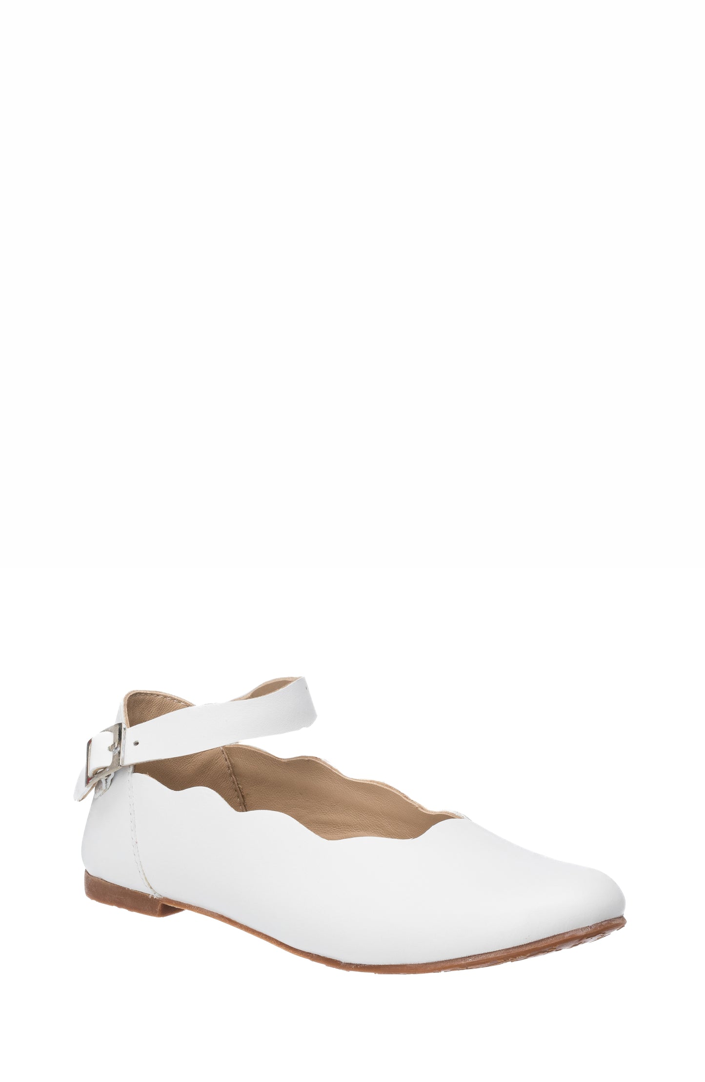 White toddler ballet flat with scalloped edges and ankle strap buckle closure.