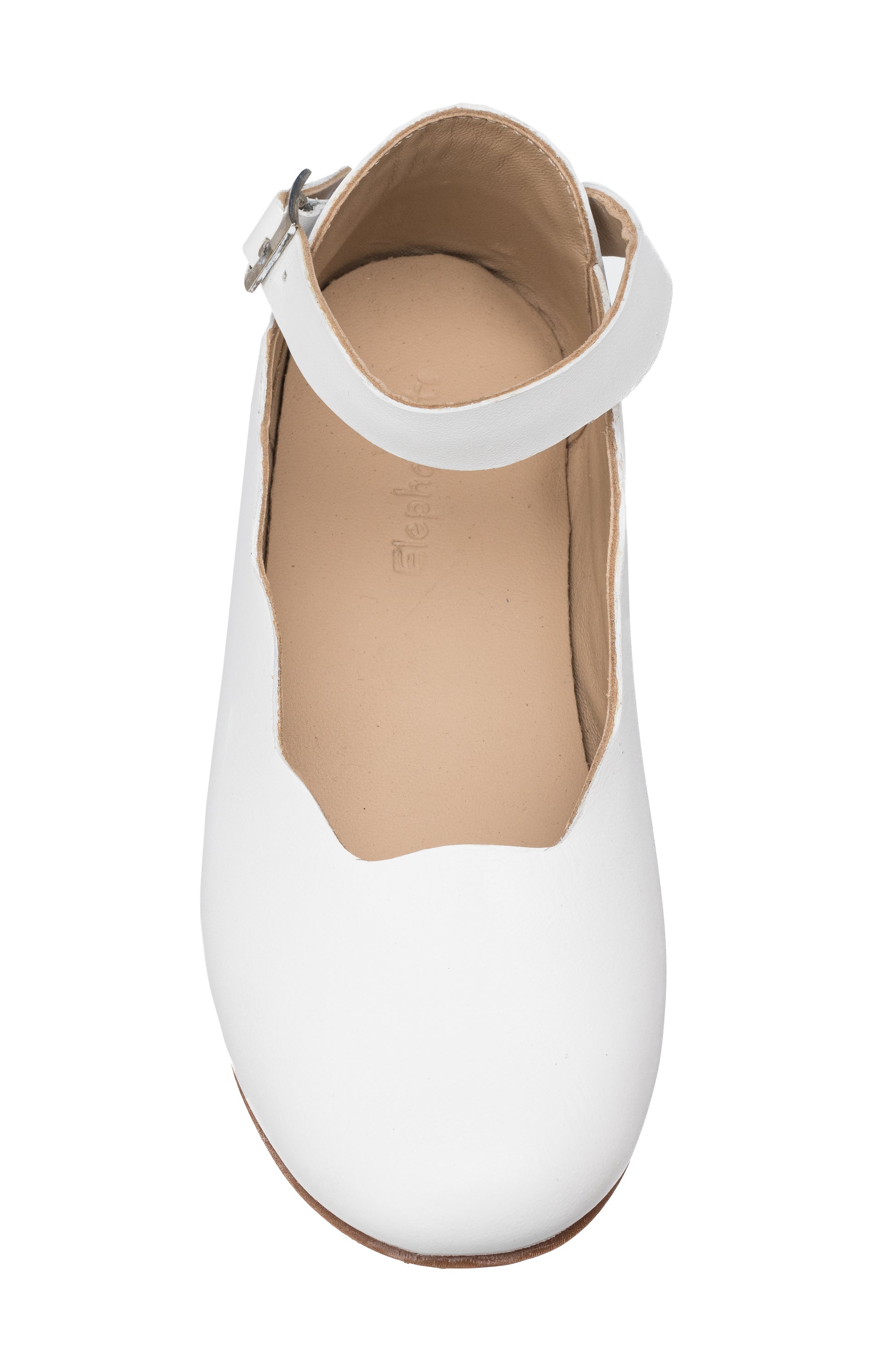 White leather toddler flat with scalloped edge and ankle strap buckle closure.