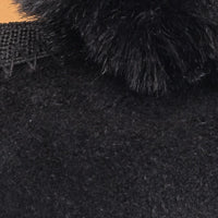 Black suede ballerina shoe with a soft pom pom detail and elastic trim.