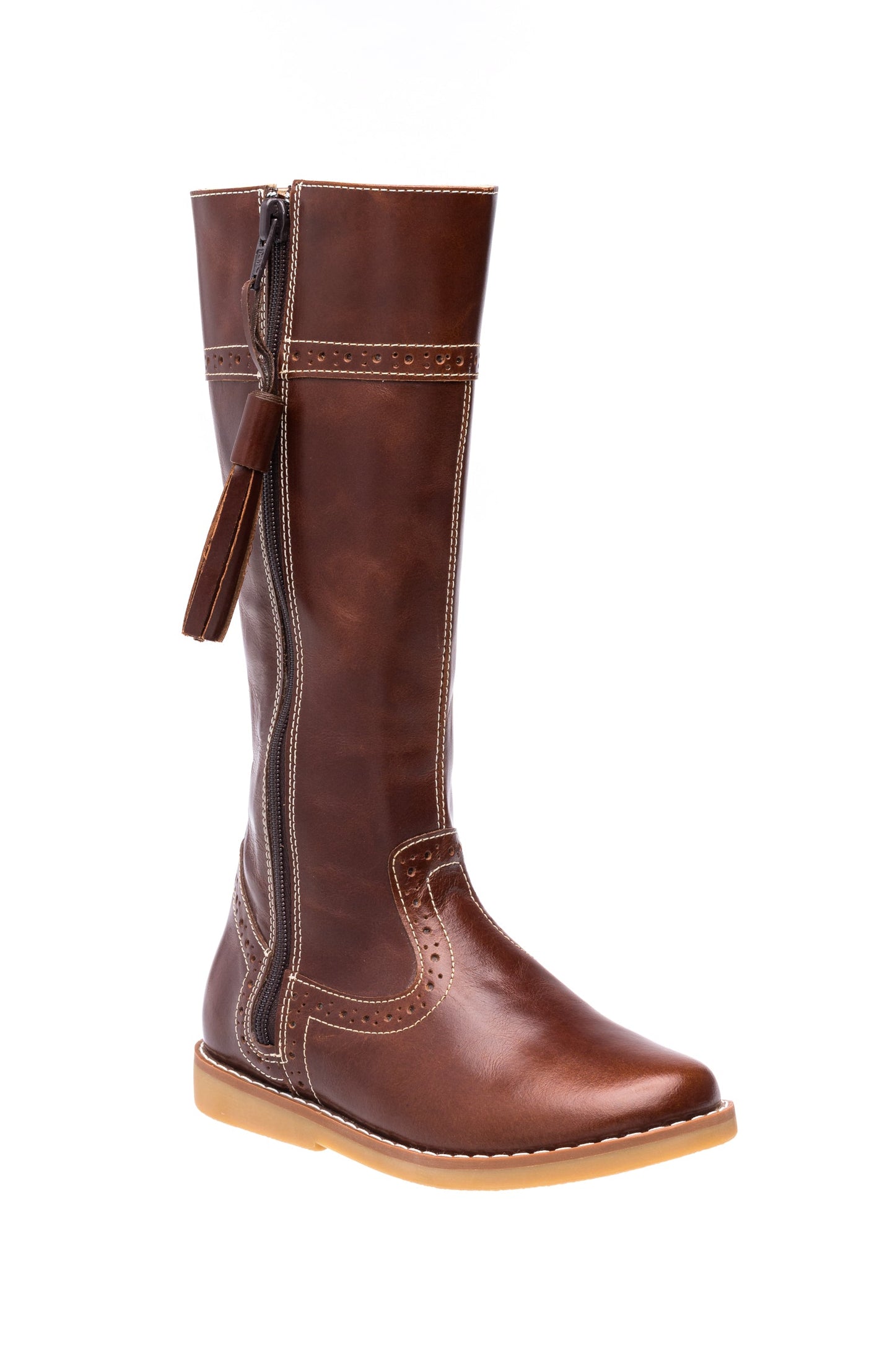 Brown leather knee-high riding boot with side zipper and stitched detailing.