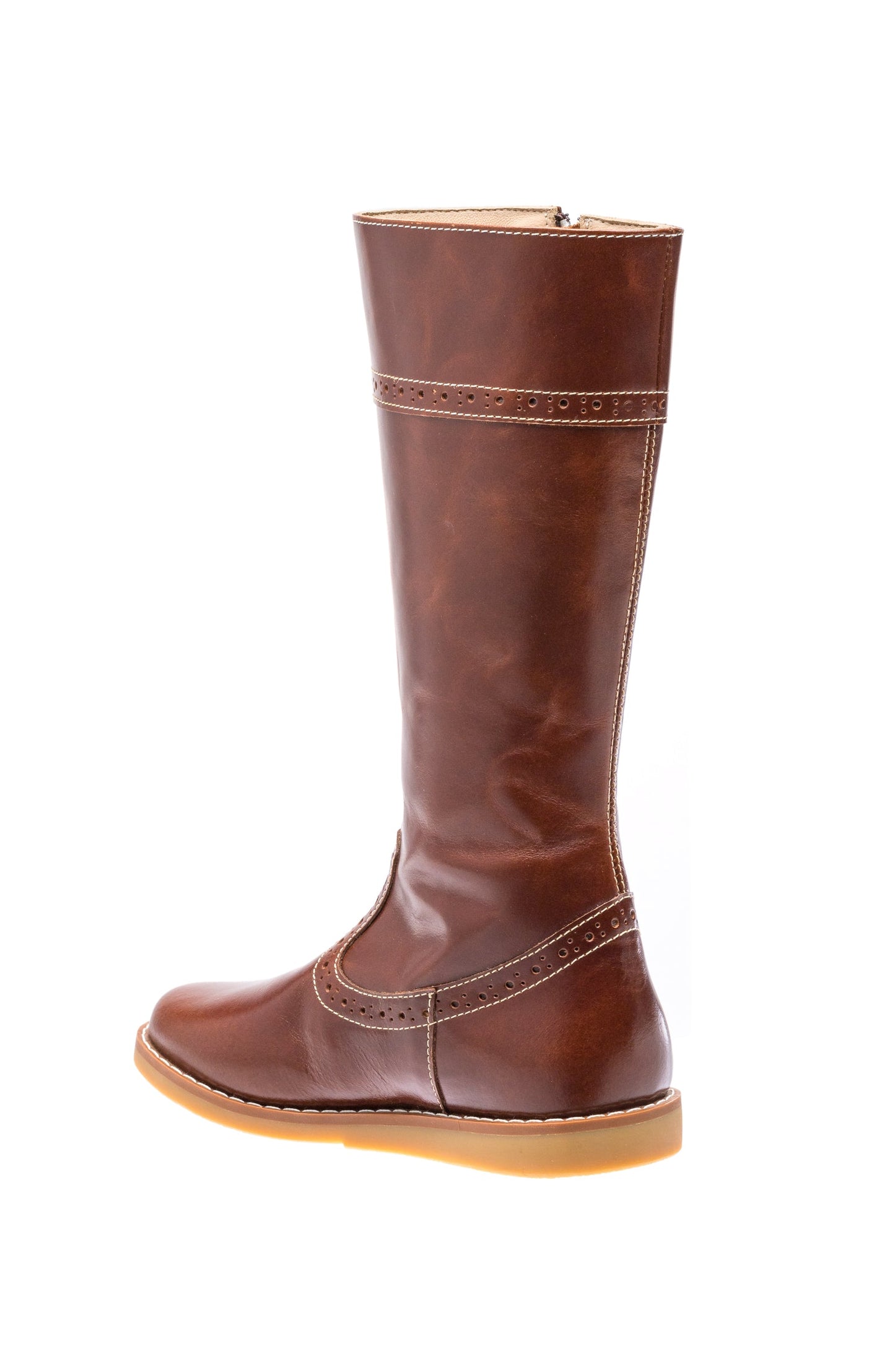 Tall brown leather toddler riding boot with side zipper and beige rubber sole.