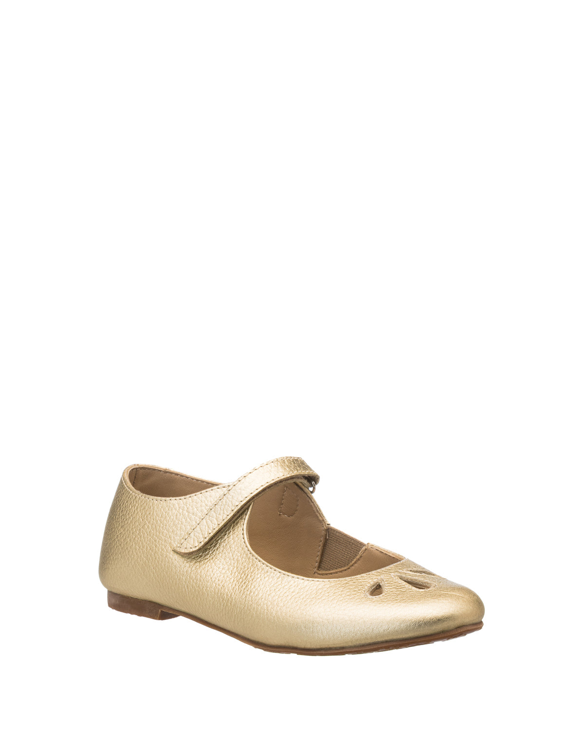 Gold leather toddler Mary Jane shoe with Velcro strap and decorative cutout on toe.