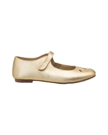 Gold toddler Mary Jane shoe with hook-and-loop strap and rounded toe.
