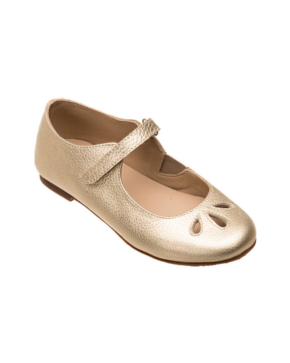 Gold metallic toddler Mary Jane shoe with cutout details and velcro strap.